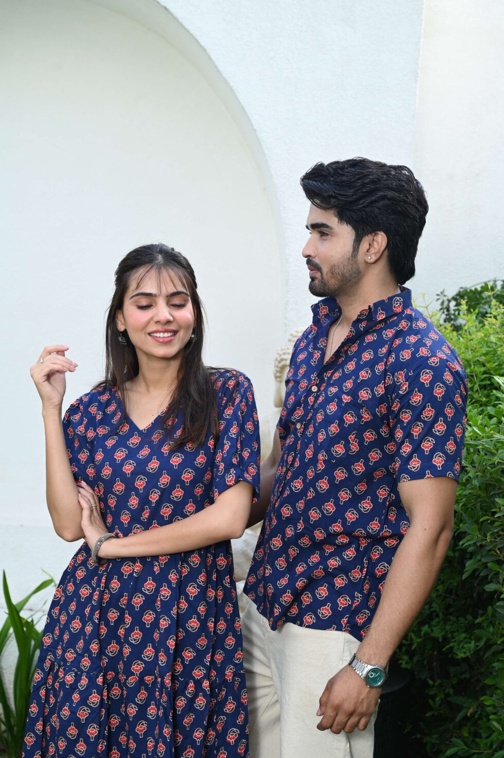 Couple Matching Navy Blue Cotton Printed Anarkali Midi Dress & Shirt Set ?  Casual & Festive Wear  Lalitashankarcraftora